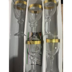 Three Star Handmade Glass Gold Rim Engraved Greek Key  5 Wine Glass Stemware